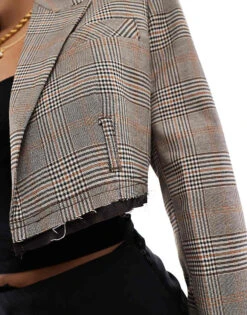 Bershka Cropped Blazer In Brown Check For Women Brown -Chic Maze Sales 207437924 3