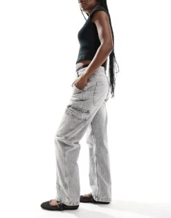 Bershka High Waisted Cargo Jeans In Washed Grey For Women -Chic Maze Sales 207444126 4