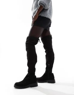 Bershka Over The Knee Stretch Boots In Black For Women