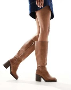 Bershka Faux Leather Calf Length Boots In Brown For Women