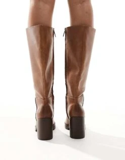 Bershka Faux Leather Calf Length Boots In Brown For Women -Chic Maze Sales 207455576 3