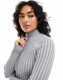Bershka Bershk Zip Through Ribbed Jumper In Grey For Women -Chic Maze Sales 207473583 2