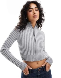 Bershka Bershk Zip Through Ribbed Jumper In Grey For Women -Chic Maze Sales 207473583 3