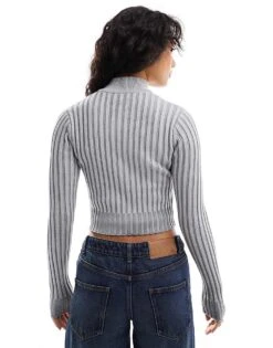 Bershka Bershk Zip Through Ribbed Jumper In Grey For Women -Chic Maze Sales 207473583 4