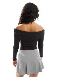 Bershka Ribbed Bardot Top In Dark Grey For Women -Chic Maze Sales 207473657 2