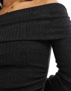 Bershka Ribbed Bardot Top In Dark Grey For Women -Chic Maze Sales 207473657 3