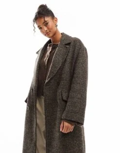 Bershka Slouchy Tailored Coat In Brown Check For Women Grey -Chic Maze Sales 207473724 4