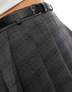 Bershka Belted Pleated Tailored Skirt In Grey Check For Women -Chic Maze Sales 207473730 3