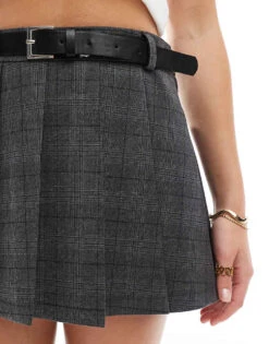 Bershka Belted Pleated Tailored Skirt In Grey Check For Women -Chic Maze Sales 207473730 5