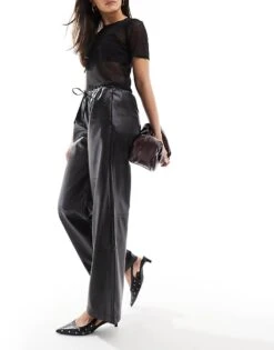 Bershka Faux Leather Tie Waist Wide Leg Trousers In Black For Women -Chic Maze Sales 207473743 1 black 1