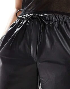 Bershka Faux Leather Tie Waist Wide Leg Trousers In Black For Women -Chic Maze Sales 207473743 3