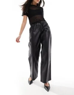 Bershka Faux Leather Tie Waist Wide Leg Trousers In Black For Women -Chic Maze Sales 207473743 4