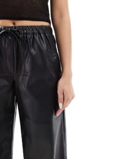 Bershka Faux Leather Tie Waist Wide Leg Trousers In Black For Women -Chic Maze Sales 207473743 5