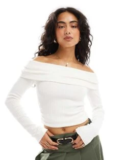 Bershka Ribbed Bardot Top In Ecru For Women -Chic Maze Sales 207473760 1 ecru 1