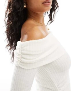 Bershka Ribbed Bardot Top In Ecru For Women -Chic Maze Sales 207473760 2