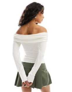 Bershka Ribbed Bardot Top In Ecru For Women -Chic Maze Sales 207473760 4