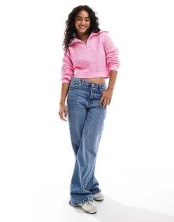 Bershka 1/4 Zip Ribbed Knitted Jumper In Pink For Women -Chic Maze Sales 207473769 2