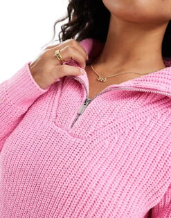 Bershka 1/4 Zip Ribbed Knitted Jumper In Pink For Women -Chic Maze Sales 207473769 3