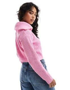 Bershka 1/4 Zip Ribbed Knitted Jumper In Pink For Women -Chic Maze Sales 207473769 4
