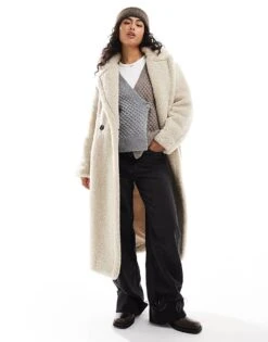 Bershka Oversized Longline Shearling Coat In Ecru For Women