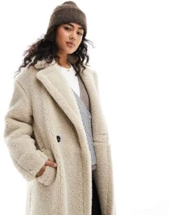 Bershka Oversized Longline Shearling Coat In Ecru For Women -Chic Maze Sales 207473775 3