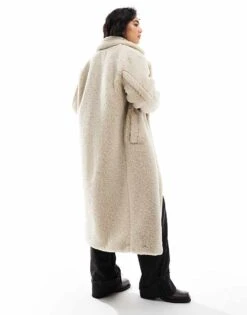Bershka Oversized Longline Shearling Coat In Ecru For Women -Chic Maze Sales 207473775 4