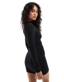 Bershka Polyamide Ruched Front Mini Dress In Black For Women -Chic Maze Sales 207473817 4