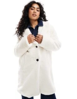 Bershka Soft Faux Fur Longline Coat In Ecru For Women