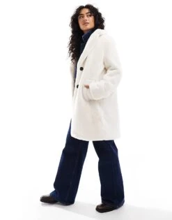 Bershka Soft Faux Fur Longline Coat In Ecru For Women -Chic Maze Sales 207473862 3