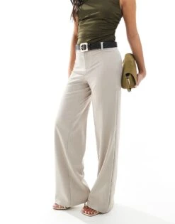Bershka Petite Wide Leg Tailored Trousers In Beige Melange For Women Grey -Chic Maze Sales 207474203 5