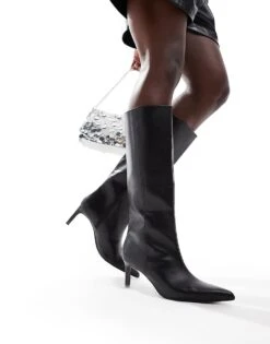 Bershka Pointed Toe Faux Leather Calf Length Boots In Black For Women