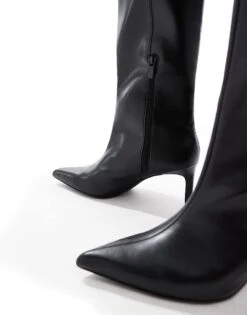 Bershka Pointed Toe Faux Leather Calf Length Boots In Black For Women -Chic Maze Sales 207491975 3