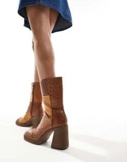 Bershka Patwork Heeled Boots In Brown For Women -Chic Maze Sales 207492057 4
