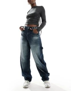 Bershka Adjustable Waist Carpenter Jeans In Acid Wash Blue For Women -Chic Maze Sales 207504557 1 blue 1