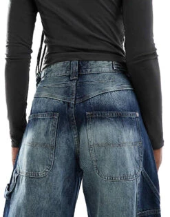 Bershka Adjustable Waist Carpenter Jeans In Acid Wash Blue For Women -Chic Maze Sales 207504557 4