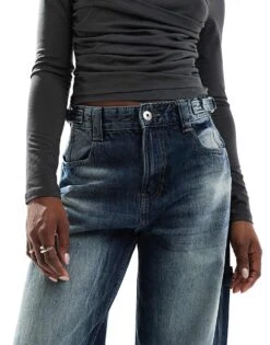 Bershka Adjustable Waist Carpenter Jeans In Acid Wash Blue For Women -Chic Maze Sales 207504557 5