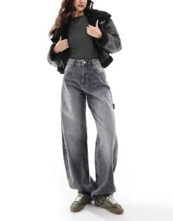 Bershka Adjustable Waist Carpenter Jeans In Grey For Women