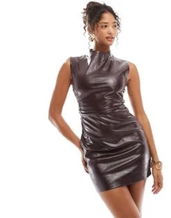 Bershka High Neck Faux Leather Mini Dress In Burgundy For Women -Chic Maze Sales 207506755 1 burgundy 1