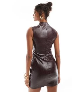 Bershka High Neck Faux Leather Mini Dress In Burgundy For Women -Chic Maze Sales 207506755 3