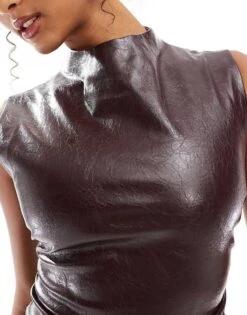Bershka High Neck Faux Leather Mini Dress In Burgundy For Women -Chic Maze Sales 207506755 4