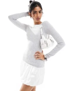 Bershka Puffball Hem Mini Dress In Grey & White For Women -Chic Maze Sales 207506767 1 grey 1
