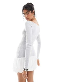 Bershka Puffball Hem Mini Dress In Grey & White For Women -Chic Maze Sales 207506767 2