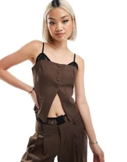 Bershka Lace Detail Tailored Waistcoat In Brown For Women