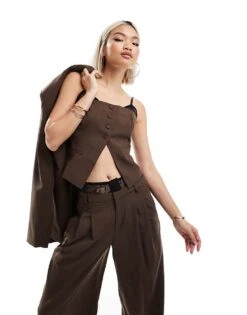 Bershka Lace Detail Tailored Waistcoat In Brown For Women -Chic Maze Sales 207506791 3