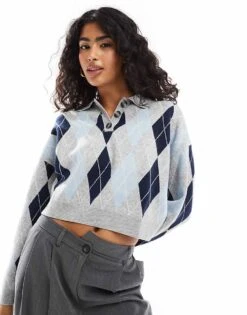 Bershka Argyle Checked Polo Neck Jumper In Grey For Women -Chic Maze Sales 207506797 1 grey 1