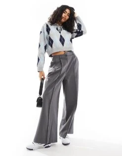 Bershka Argyle Checked Polo Neck Jumper In Grey For Women -Chic Maze Sales 207506797 2