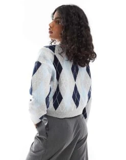 Bershka Argyle Checked Polo Neck Jumper In Grey For Women -Chic Maze Sales 207506797 3