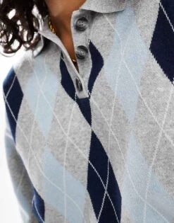 Bershka Argyle Checked Polo Neck Jumper In Grey For Women -Chic Maze Sales 207506797 4