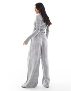 Bershka Petite Drawstring Waist Wide Leg Trousers In Grey For Women -Chic Maze Sales 207506803 4