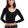 Bershka V-neck Long Sleeve Top In Black For Women -Chic Maze Sales 207506849 1 black